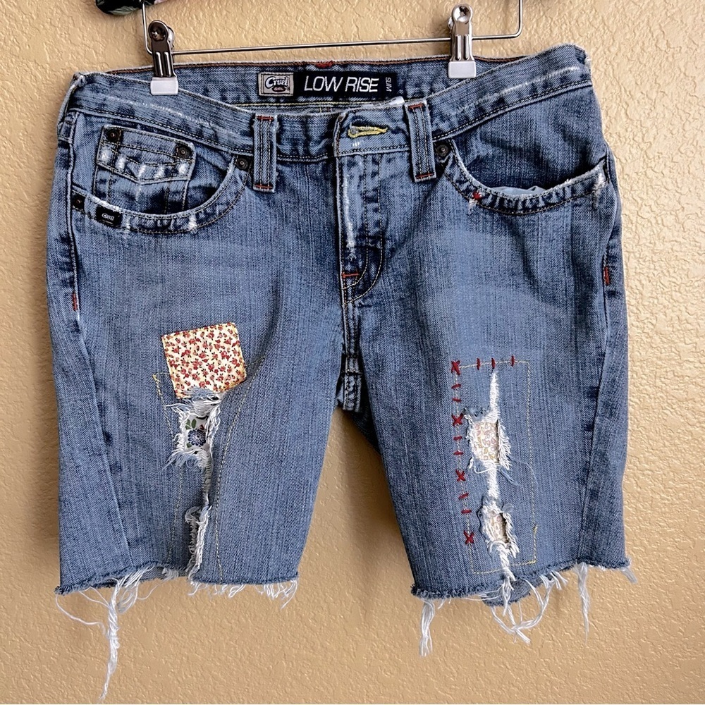Cruel Girl Slim Low Rise Distressed Patch Denim Shorts